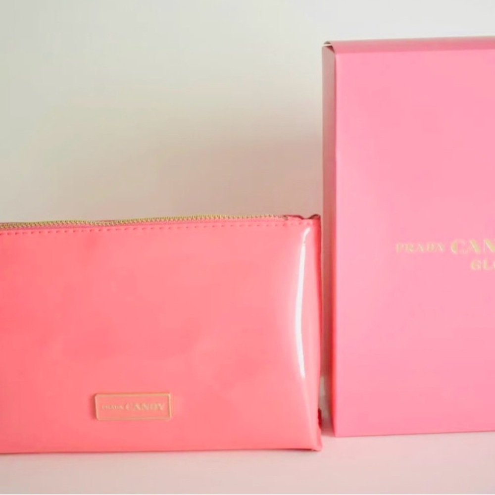 New Prada Candy Pink Glossy Pouch Makeup Clutch only 8”x5”x2”